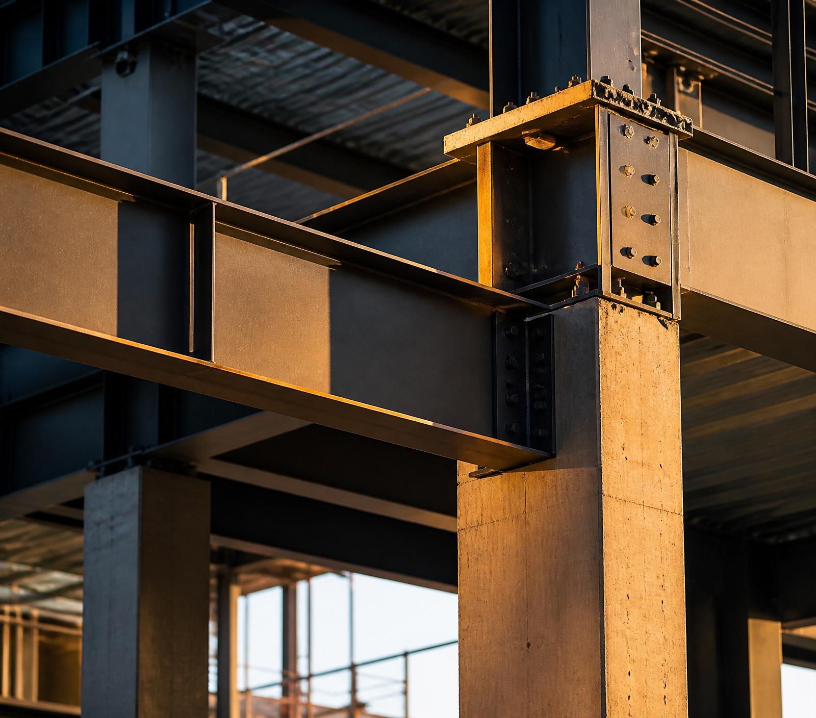 Structural steel and concrete column detail at golden hour